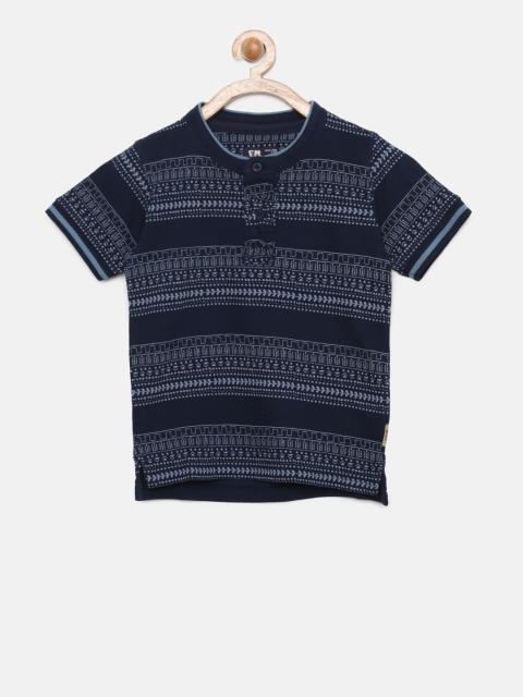 

Flying Machine Boys Navy Blue Printed Henley Neck T-shirt