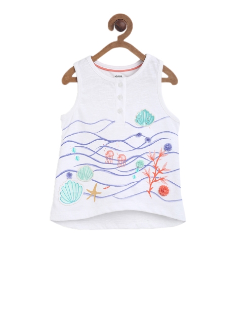 

MINI KLUB Girls White Printed Henley Neck T-shirt