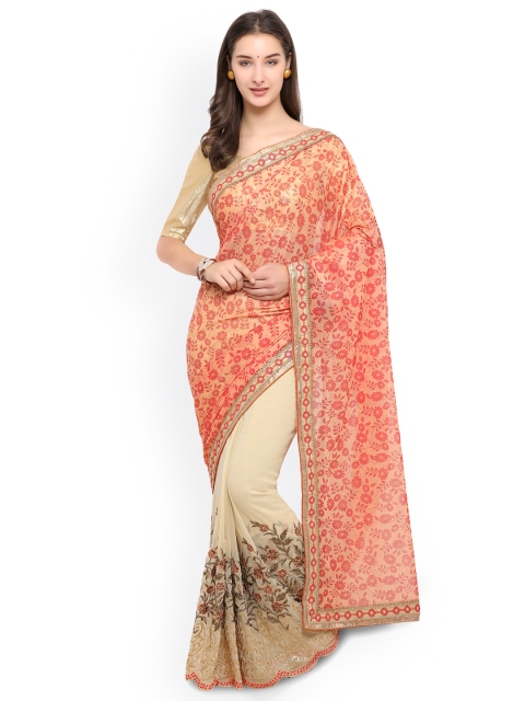 

Colors Peach-Coloured & Cream-Coloured Poly Crepe Woven Design Saree