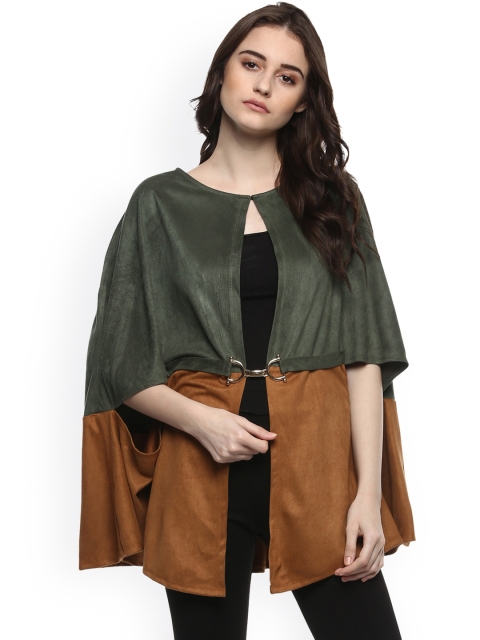 

Kazo Women Olive Green & Tan Colourblocked Cape Shrug
