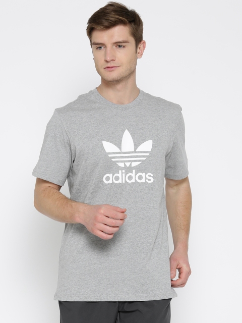

ADIDAS Originals Men Grey Melange TREFOIL Printed Round Neck T-shirt