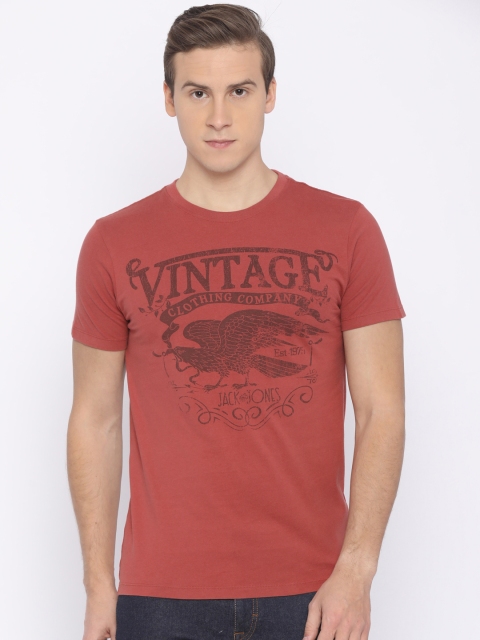 

Jack & Jones Men Rust Red Printed Round Neck T-shirt
