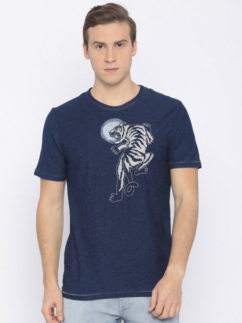

Jack & Jones Men Blue Self-Design Round Neck T-shirt