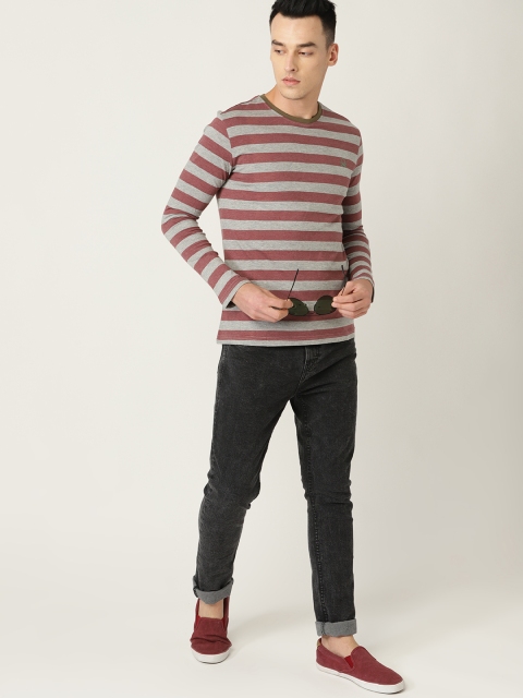 

United Colors of Benetton Men Grey Melange Striped Round Neck T-shirt
