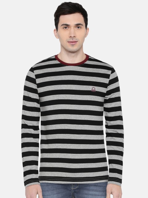 

United Colors of Benetton Men Black & Grey Melange Striped Round Neck T-shirt