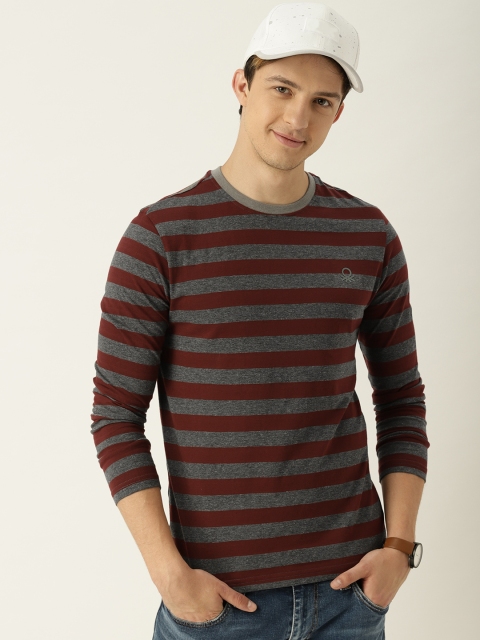 

United Colors of Benetton Men Maroon & Grey Striped Round Neck T-shirt