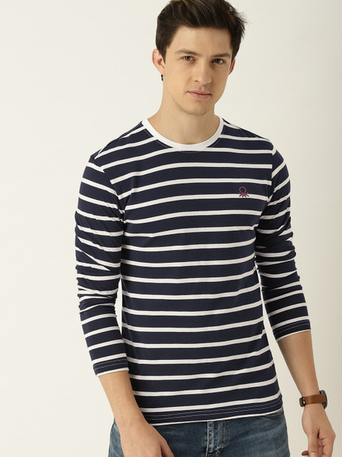 

United Colors of Benetton Men White & Navy Striped Round Neck T-shirt