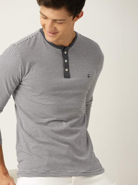 

United Colors of Benetton Men Blue & White Striped Henley Neck T-shirt