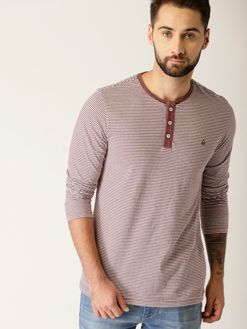 

United Colors of Benetton Men Maroon & White Striped Henley Neck T-shirt