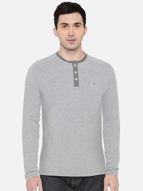 

United Colors of Benetton Men Grey & Off-White Striped Henley Neck T-shirt