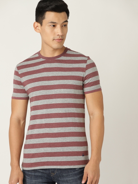 

United Colors of Benetton Men Burgundy & Grey Melange Striped Round Neck T-shirt