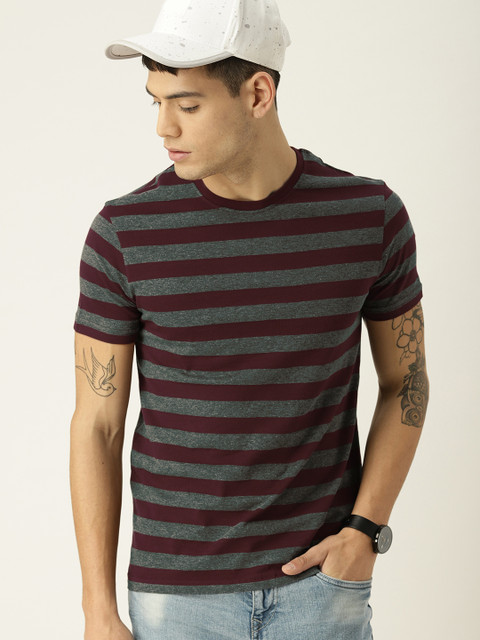 

United Colors of Benetton Men Maroon & Grey Melange Striped Round Neck T-shirt