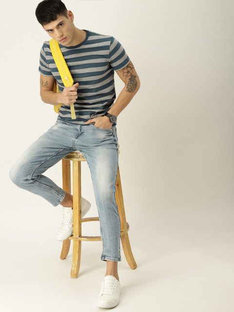 

United Colors of Benetton Men Blue & Grey Melange Striped Round Neck T-shirt