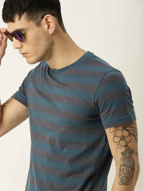 

United Colors of Benetton Men Blue & Grey Striped Round Neck T-shirt