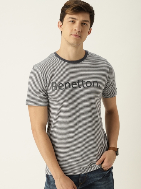 

United Colors of Benetton Men White & Blue Striped Round Neck T-shirt