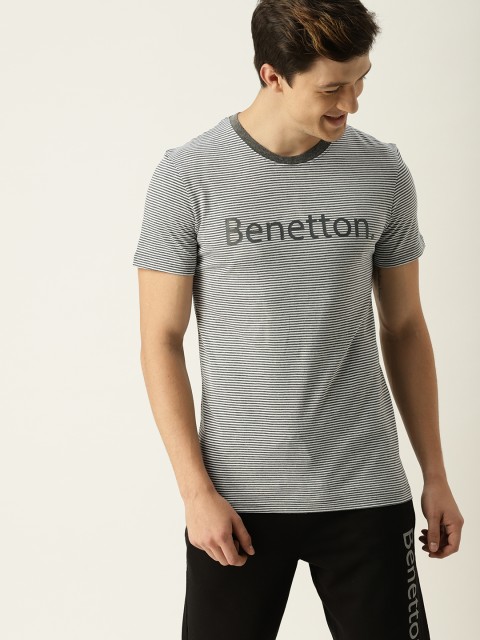 

United Colors of Benetton Men Grey & White Striped Round Neck T-shirt