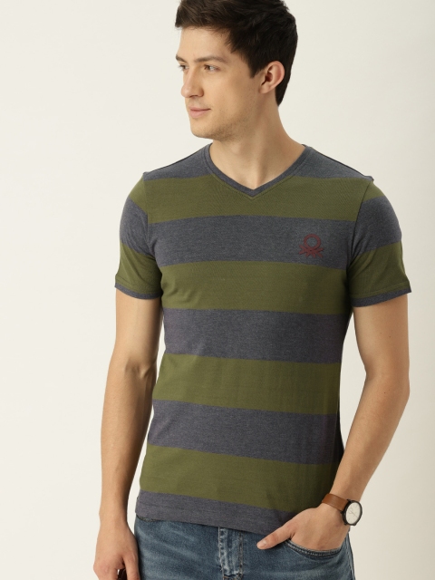 

United Colors of Benetton Men Olive Green & Blue Striped V-Neck T-shirt