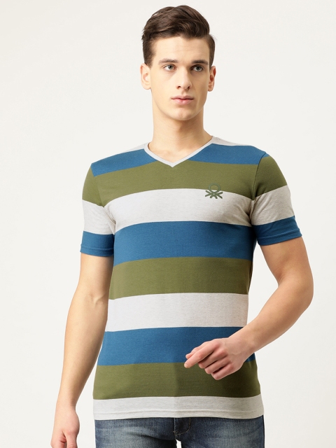 

United Colors of Benetton Men Olive Green & Grey Melange Striped V-Neck T-shirt