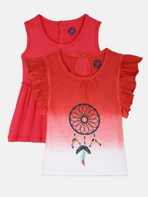 

YK Girls Red & White Printed Round Neck Pure Cotton Top With Dress