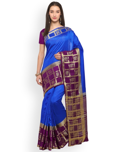 

Satrani Blue & Purple Poly Silk Solid Kanjeevaram Saree