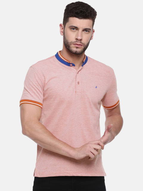 

John Players Casual Men Pink Solid Mandarin Collar T-shirt
