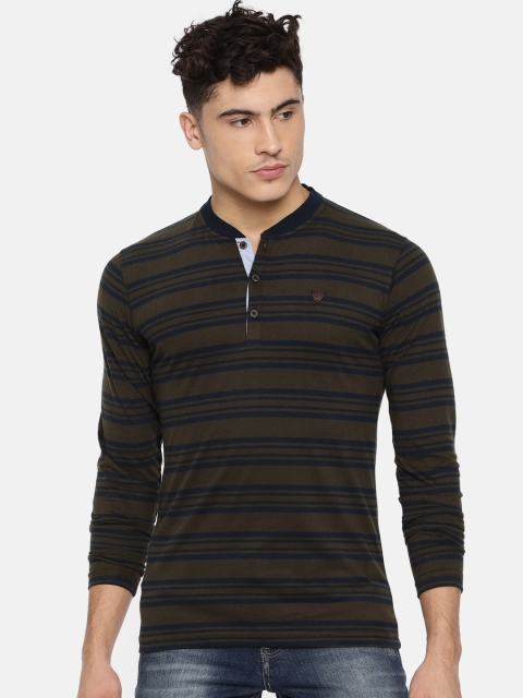 

John Players Men Olive Green & Navy Striped Mandarin Collar T-shirt