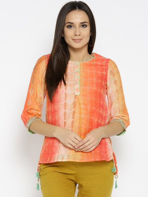 

Biba Women Coral Pink & Yellow Dyed Kurti