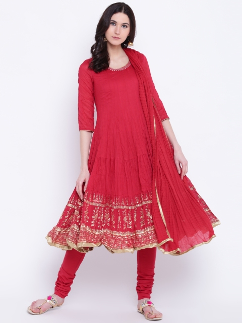 

Biba Women Red Printed Kurta with Churidar & Dupatta