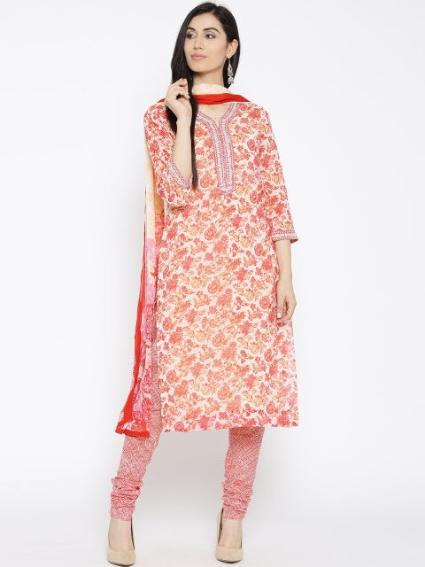 

Biba Women Rust Orange & Pink Printed Kurta with Churidar & Dupatta