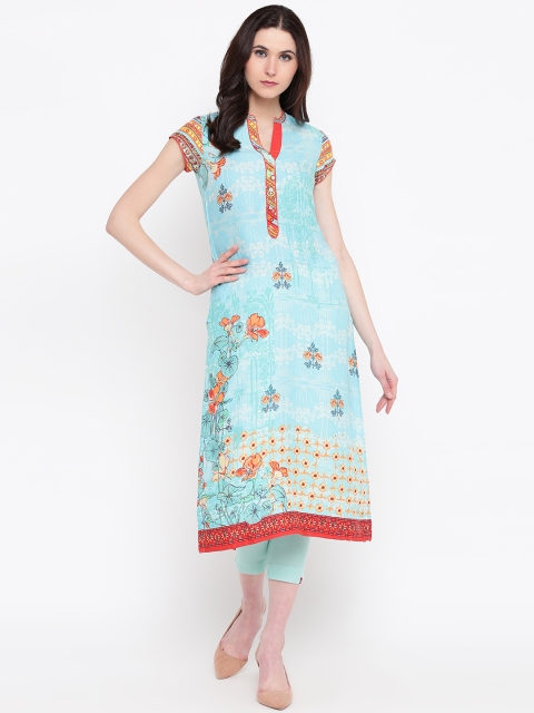 

Biba Women Blue & Orange Printed Straight Kurta