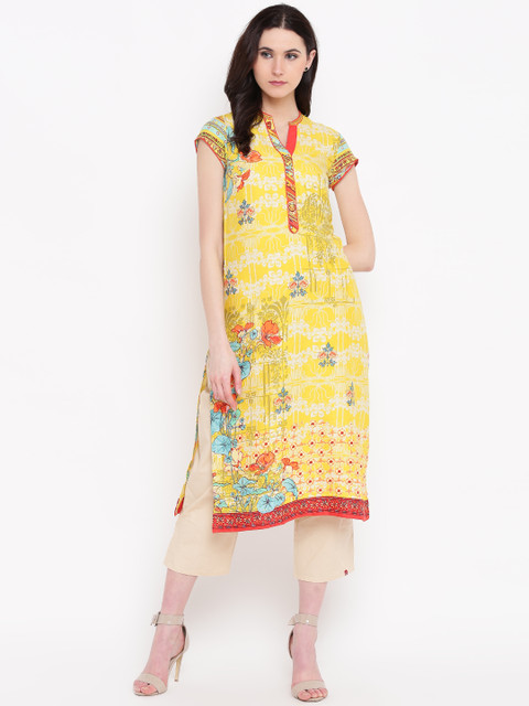 

Biba Women Yellow & Off-White Printed Straight Kurta