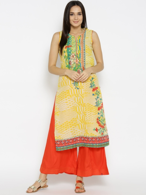 

Biba Women Yellow Printed Straight Kurta