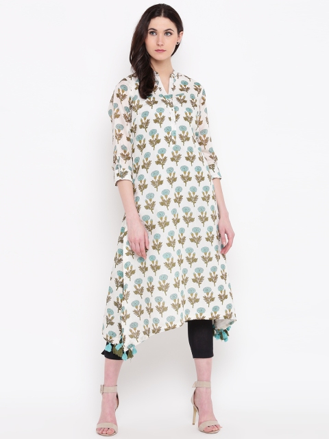 

Biba Women Off-White & Green Printed A-Line Kurta