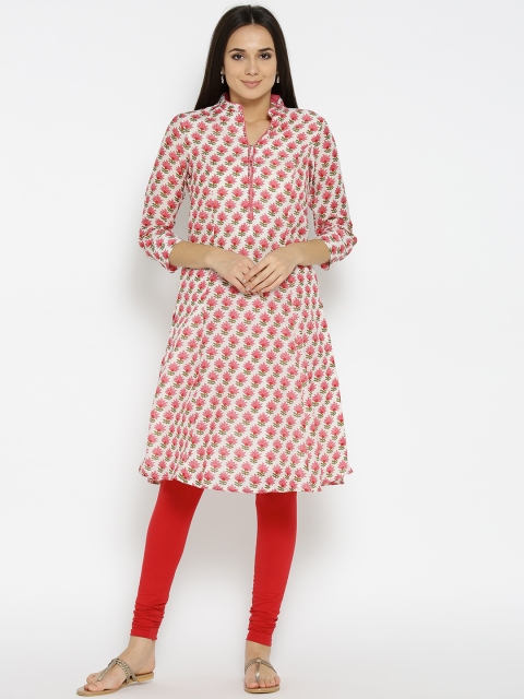 

Biba Women Off-White & Pink Printed A-Line Kurta