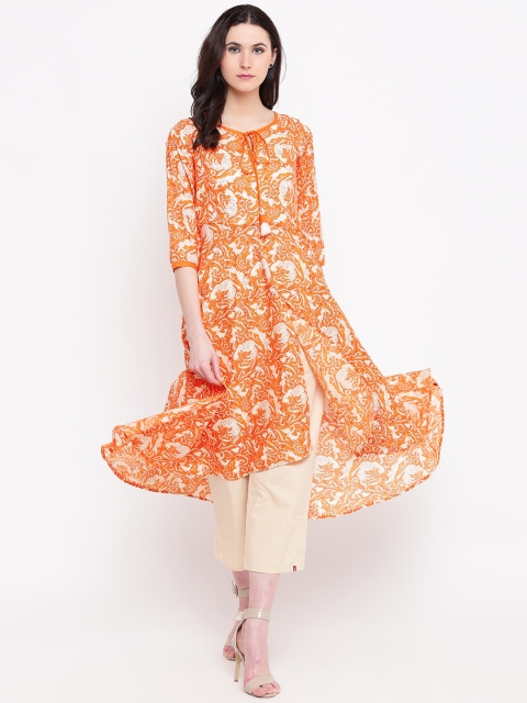 

Biba Women Orange & Off-White Printed High-Low A-Line Kurta