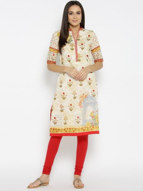 

Biba Women Beige & Green Printed Straight Kurta