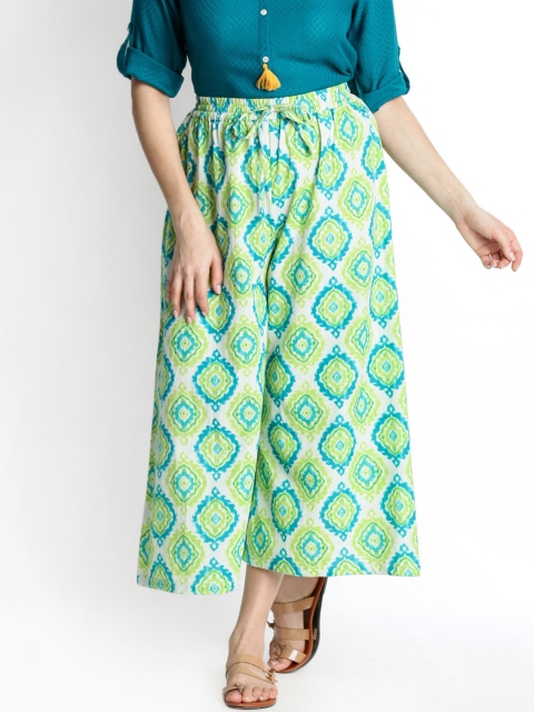 

RANGMANCH BY PANTALOONS Women Off-White & Blue Printed Wide Leg Palazzos