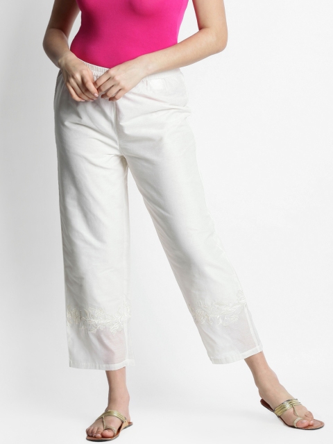 

TRISHAA BY PANTALOONS Women Off-White Slim Fit Embroidered Regular Trousers