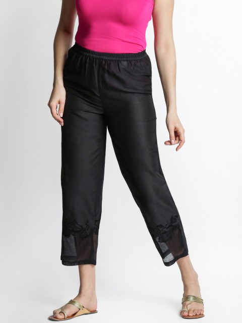 

TRISHAA BY PANTALOONS Women Black Slim Fit Embroidered Regular Trousers