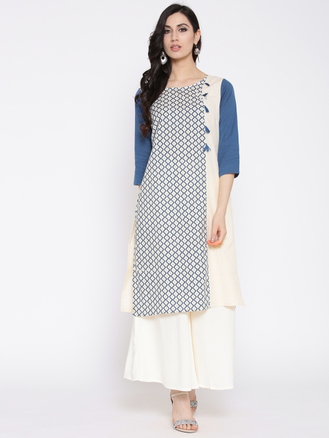 

RANGMANCH BY PANTALOONS Women Off-White & Blue Printed Straight Kurta