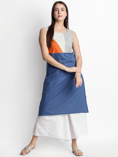

RANGMANCH BY PANTALOONS Women Blue & Orange Yoke Design A-Line Handloom Kurta
