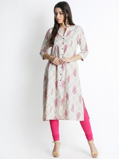 

RANGMANCH BY PANTALOONS Women Off-White & Pink Printed A-Line Kurta