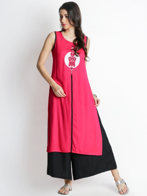 

RANGMANCH BY PANTALOONS Women Magenta Yoke Design A-Line Handloom Kurta