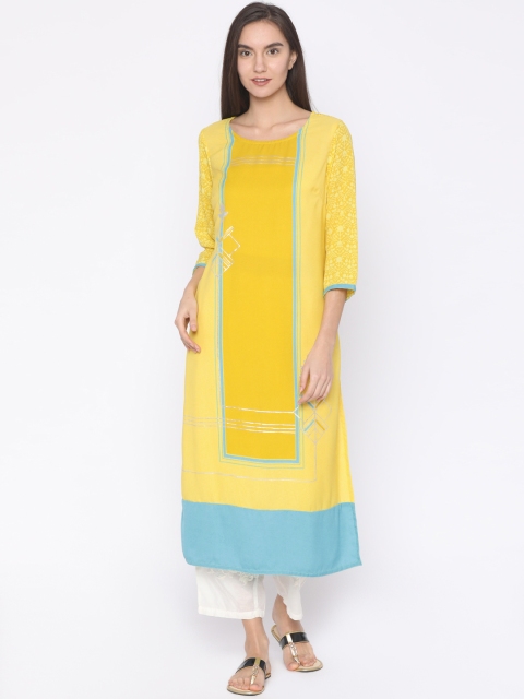 

RANGMANCH BY PANTALOONS Women Lime Green Printed A-Line Handloom Kurta
