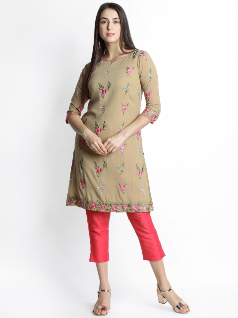 

TRISHAA BY PANTALOONS Women Beige Embroidered Straight Kurta