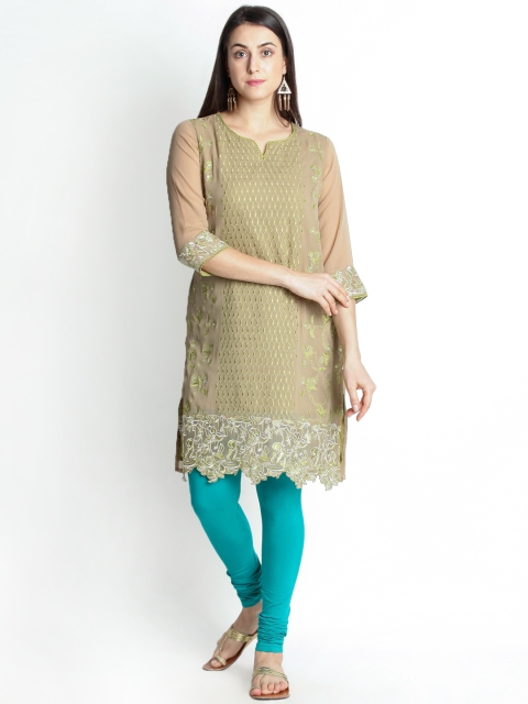 

TRISHAA BY PANTALOONS Women Olive Green Embroidered Straight Kurta