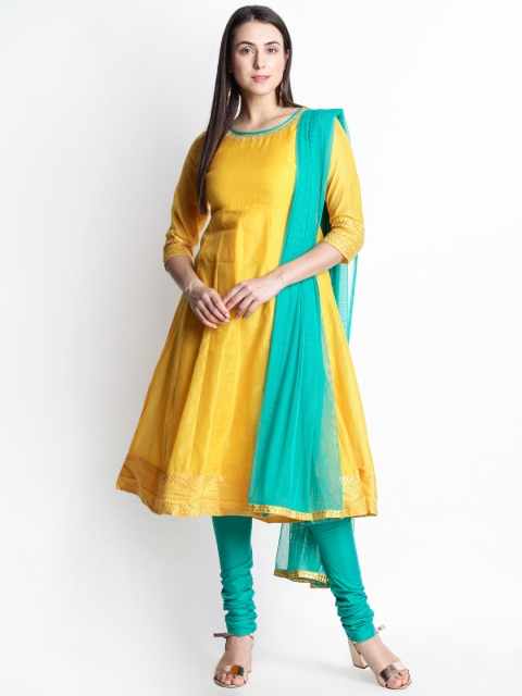 

TRISHAA BY PANTALOONS Women Yellow & Green Solid Kurta with Churidar & Dupatta