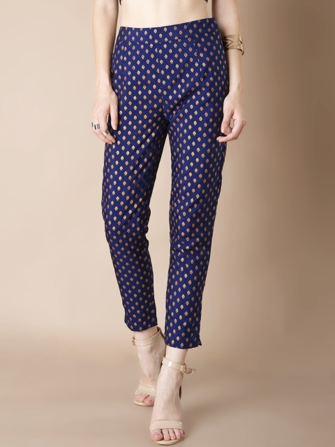 

INDYA Women Navy Blue Straight Fit Self Design Cigarette Trousers