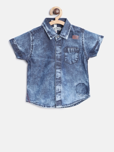 

Palm Tree Boys Navy Blue Regular Fit Faded Denim Casual Shirt