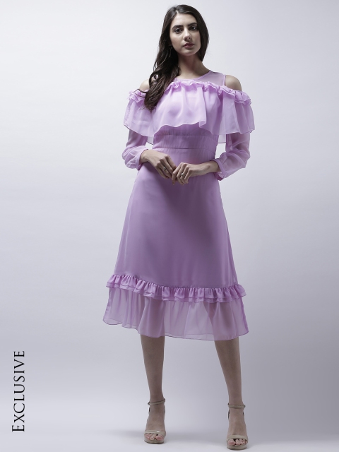 

Athena Women Lavender Cold-Shoulder Solid Fit & Flare Dress